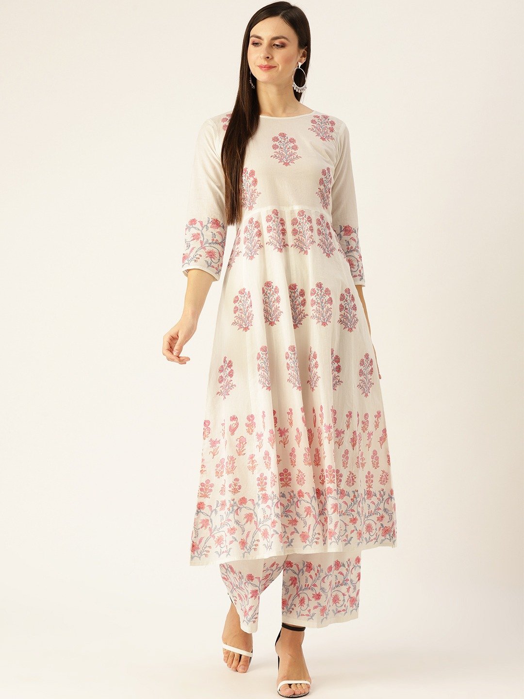 Women White Three-Quarter Sleeves Flared Kurta With Palazzo Set | LASVINI - Redefining Indian Fashion with Elegance