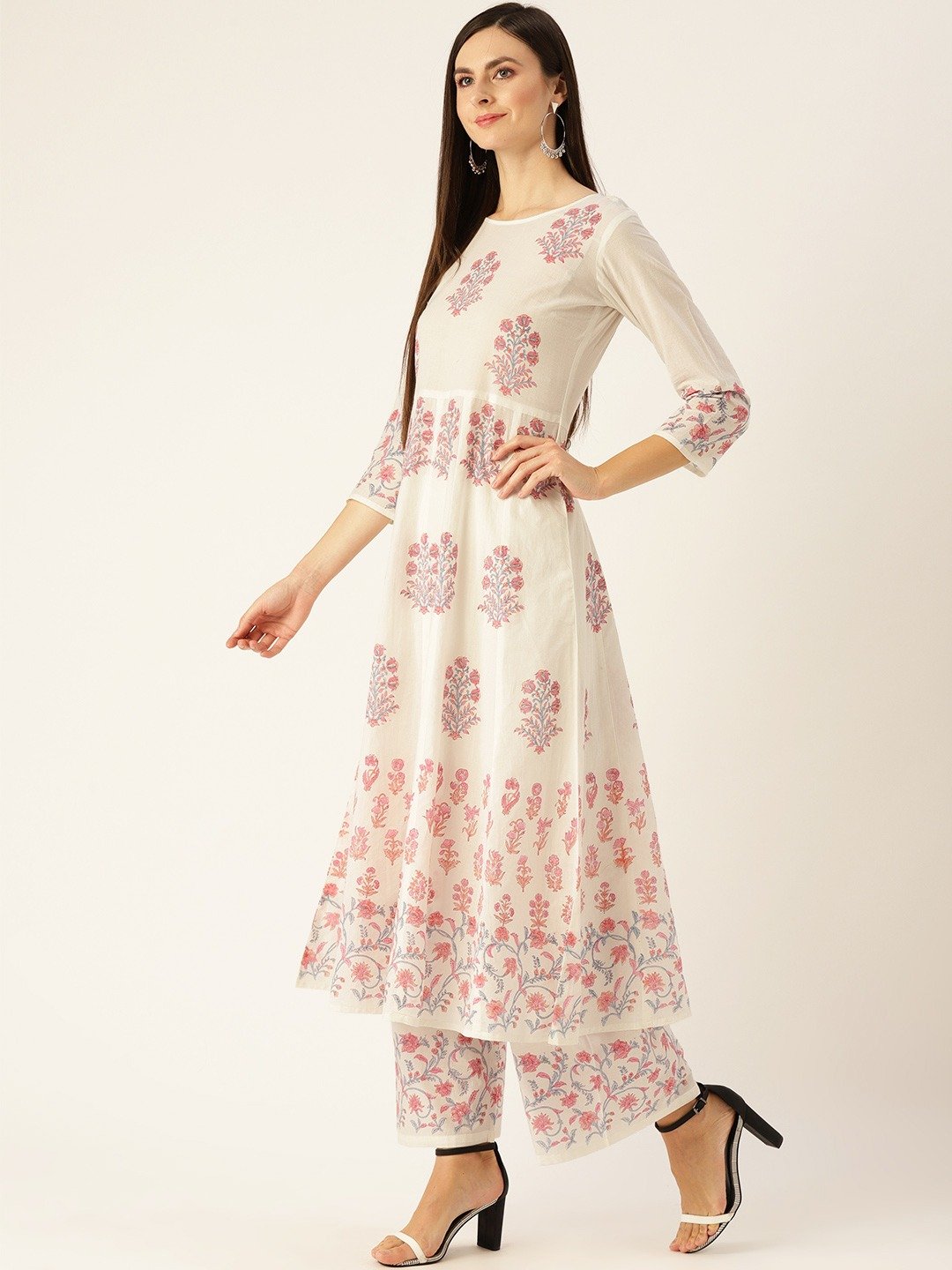 Women White Three-Quarter Sleeves Flared Kurta With Palazzo Set | LASVINI - Redefining Indian Fashion with Elegance