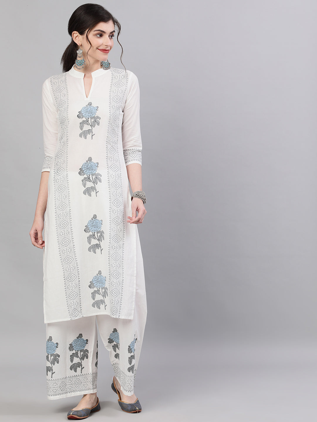 Women White Three-Quarter Sleeves Straight Kurta With Palazzo Set | LASVINI - Redefining Indian Fashion with Elegance
