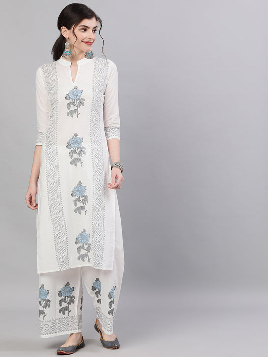 Women White Three-Quarter Sleeves Straight Kurta With Palazzo Set | LASVINI - Redefining Indian Fashion with Elegance