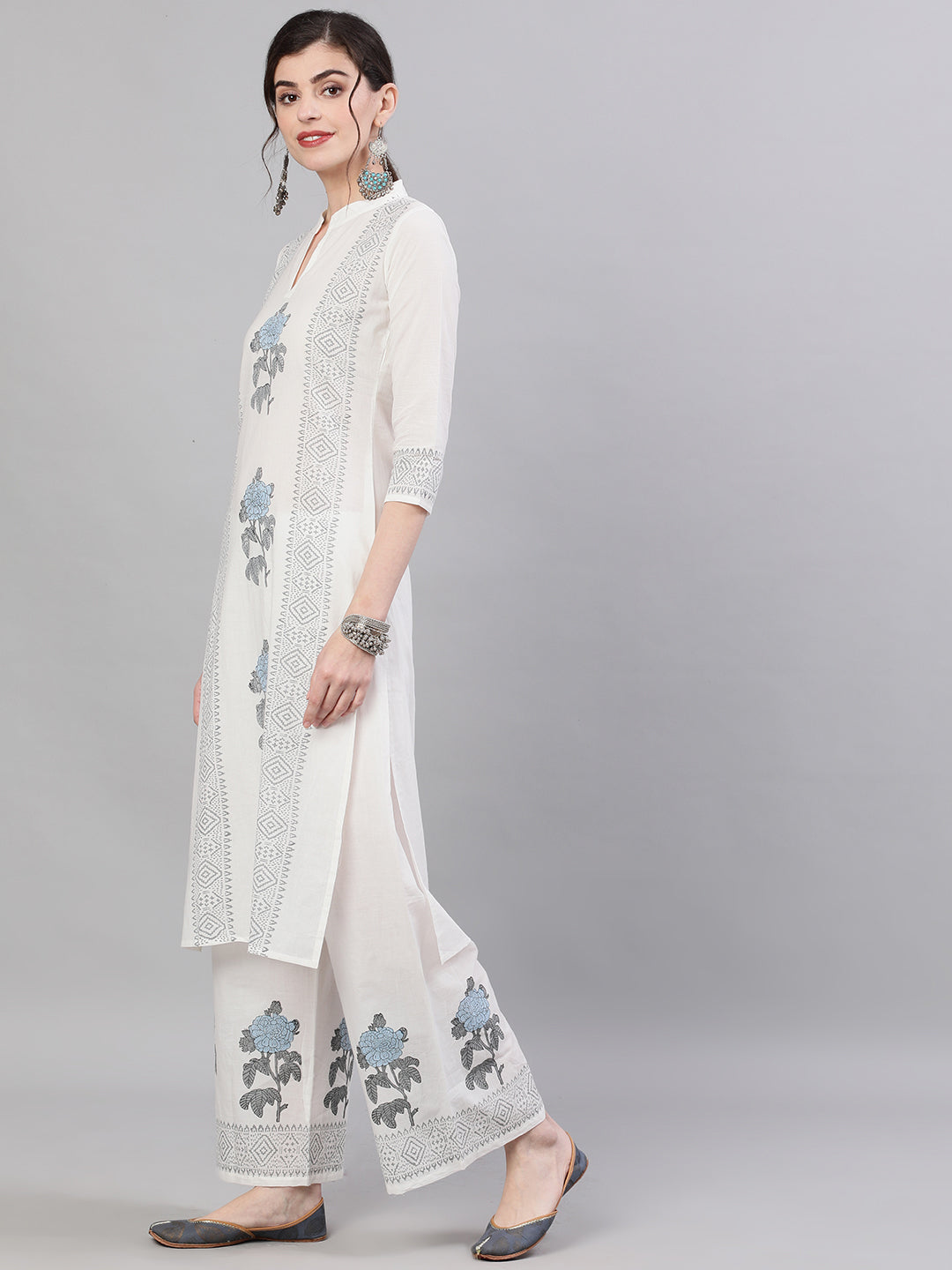 Women White Three-Quarter Sleeves Straight Kurta With Palazzo Set | LASVINI - Redefining Indian Fashion with Elegance