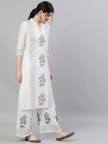 Women White Three-Quarter Sleeves Straight Kurta With Palazzo Set | LASVINI - Redefining Indian Fashion with Elegance