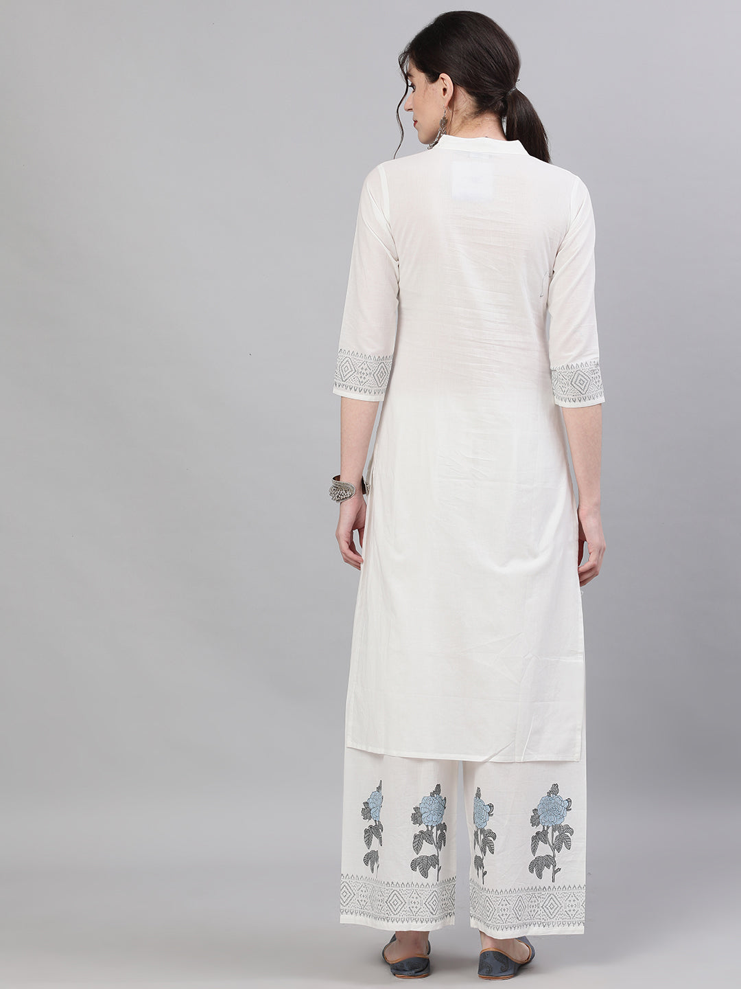Women White Three-Quarter Sleeves Straight Kurta With Palazzo Set | LASVINI - Redefining Indian Fashion with Elegance