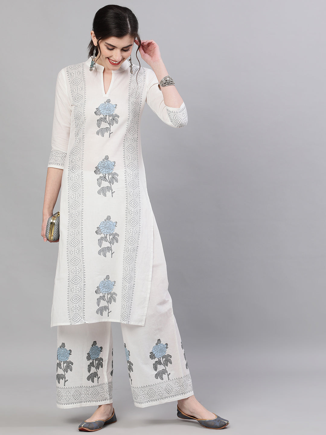 Women White Three-Quarter Sleeves Straight Kurta With Palazzo Set | LASVINI - Redefining Indian Fashion with Elegance
