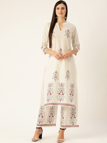 Women White Three-Quarter Sleeves Straight Kurta With Palazzo Set | LASVINI - Redefining Indian Fashion with Elegance