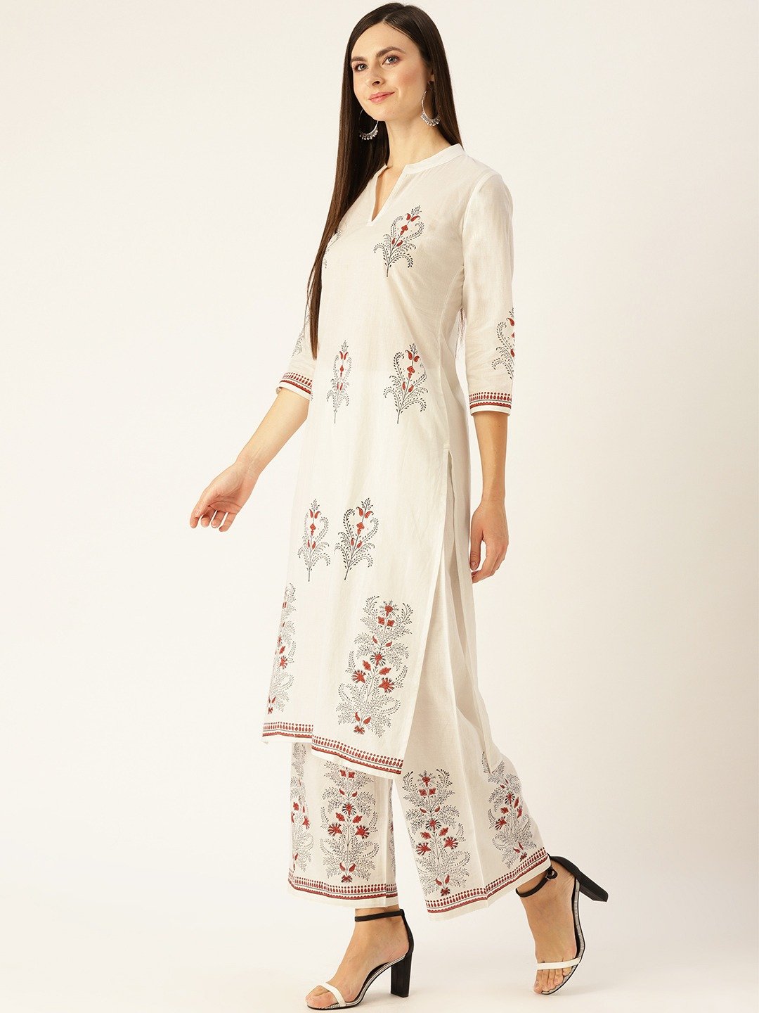 Women White Three-Quarter Sleeves Straight Kurta With Palazzo Set | LASVINI - Redefining Indian Fashion with Elegance