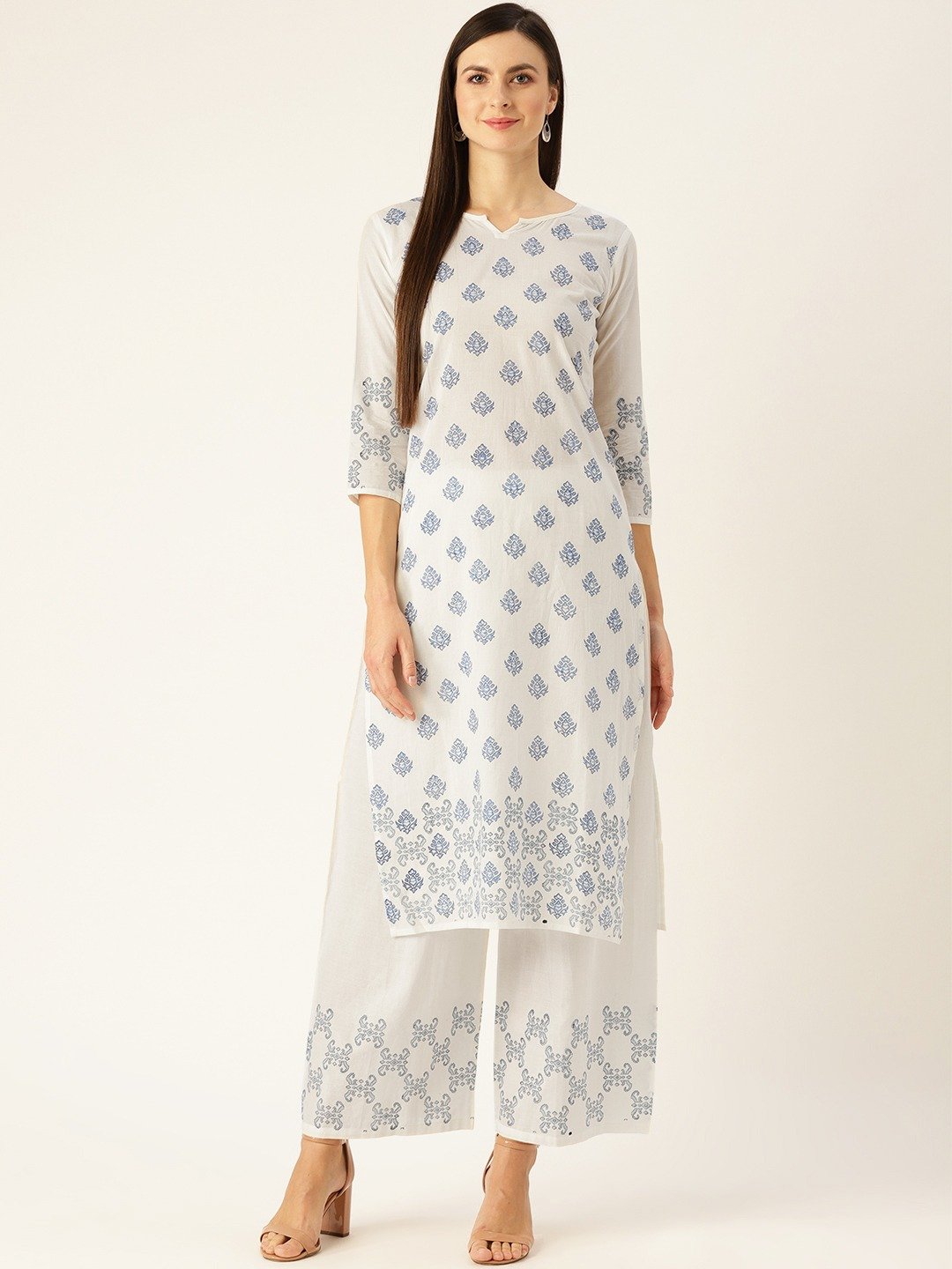 Women White Three-Quarter Sleeves Straight Kurta With Palazzo Set | LASVINI - Redefining Indian Fashion with Elegance