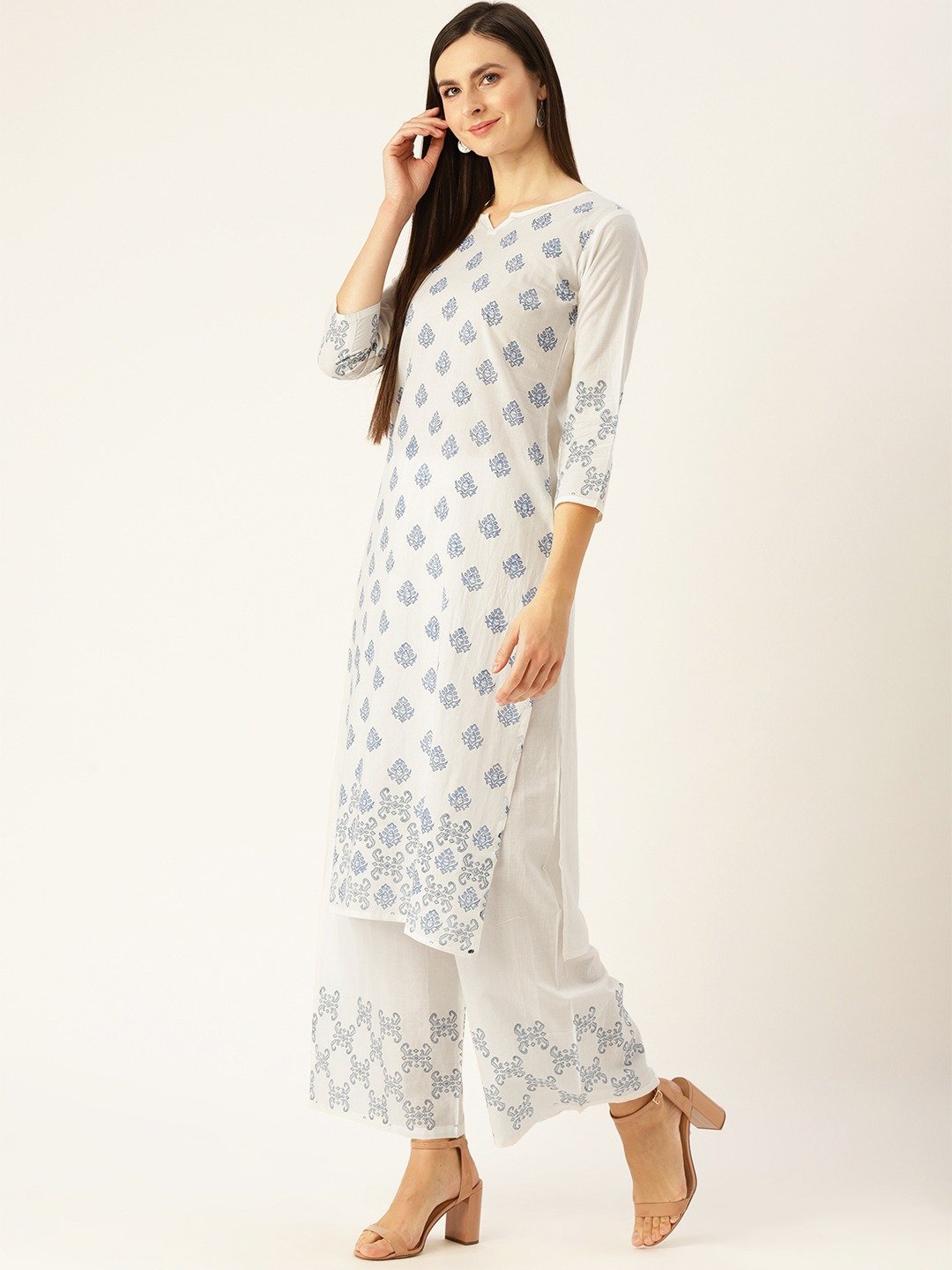 Women White Three-Quarter Sleeves Straight Kurta With Palazzo Set | LASVINI - Redefining Indian Fashion with Elegance