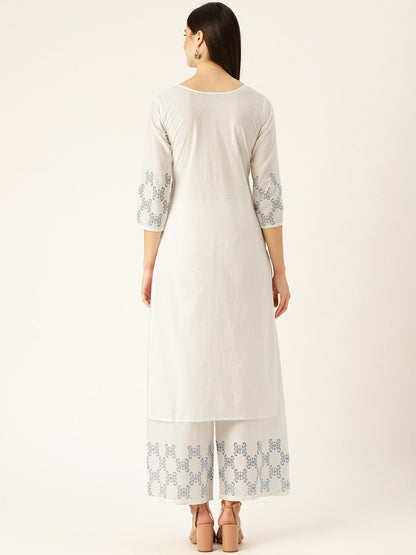 Women White Three-Quarter Sleeves Straight Kurta With Palazzo Set | LASVINI - Redefining Indian Fashion with Elegance