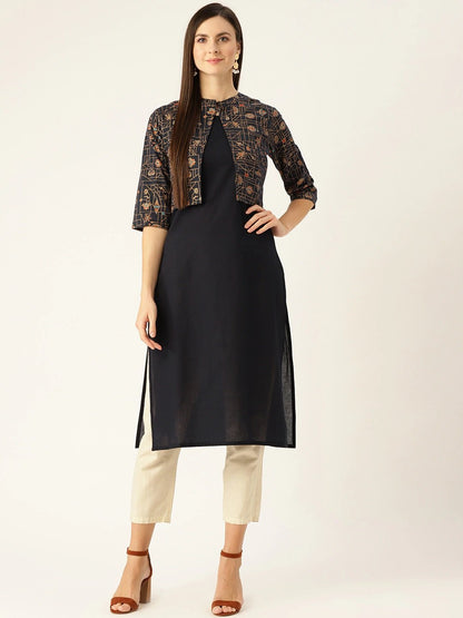 Women Navy Calf Length Three-Quarter Sleeves Straight Solid Printed Cotton Kurta | LASVINI - Redefining Indian Fashion with Elegance