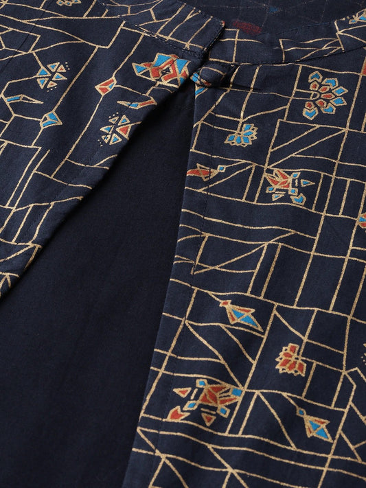 Women Navy Calf Length Three-Quarter Sleeves Straight Solid Printed Cotton Kurta | LASVINI - Redefining Indian Fashion with Elegance