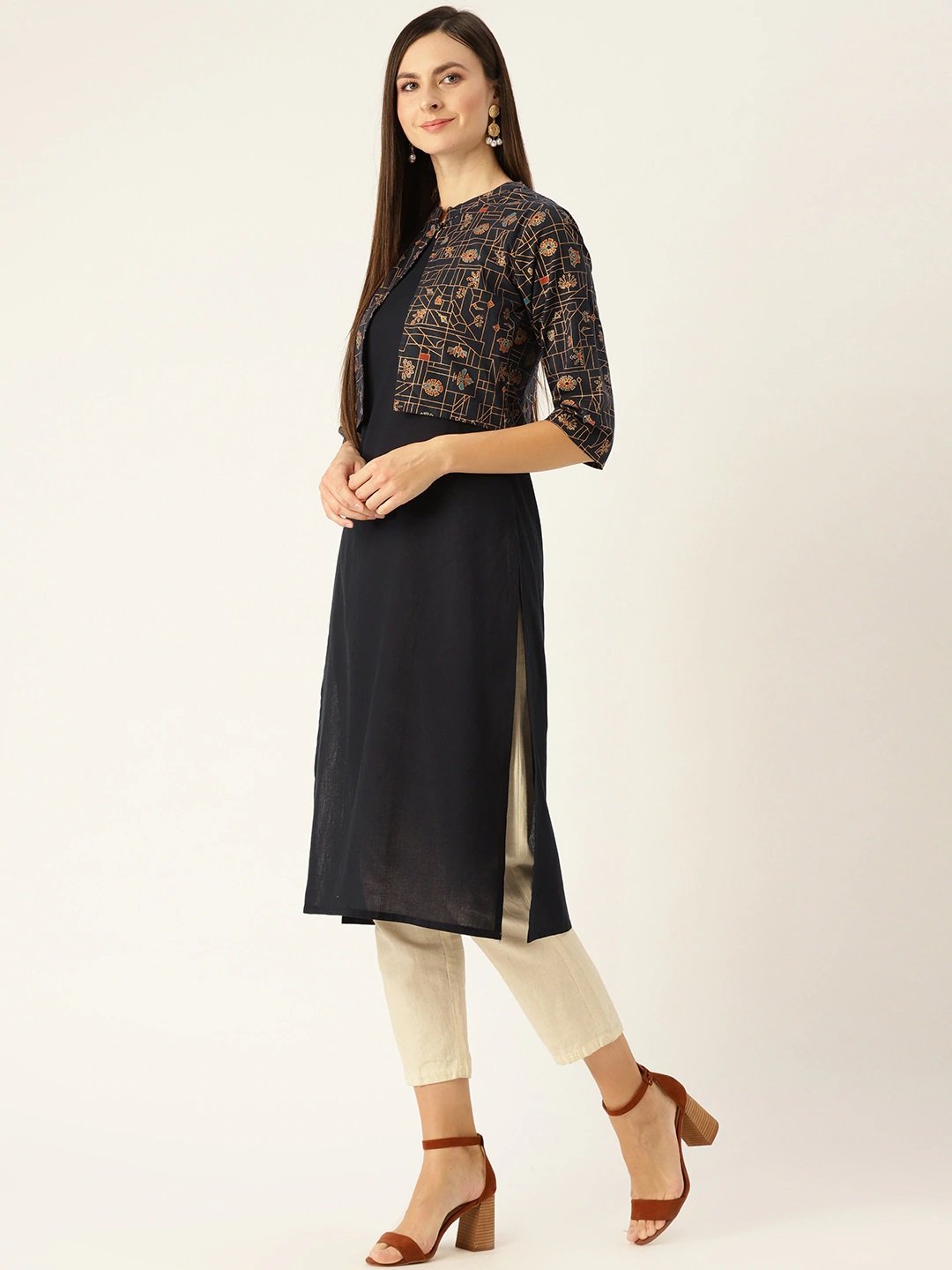 Women Navy Calf Length Three-Quarter Sleeves Straight Solid Printed Cotton Kurta | LASVINI - Redefining Indian Fashion with Elegance