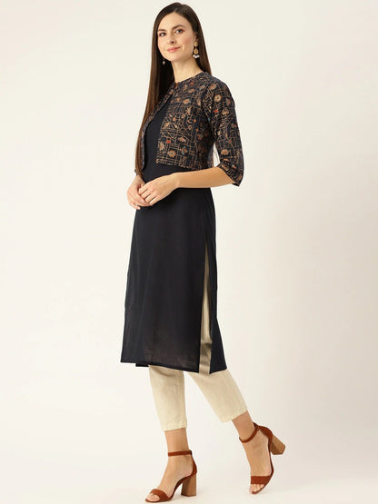 Women Navy Calf Length Three-Quarter Sleeves Straight Solid Printed Cotton Kurta | LASVINI - Redefining Indian Fashion with Elegance