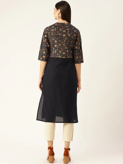 Women Navy Calf Length Three-Quarter Sleeves Straight Solid Printed Cotton Kurta | LASVINI - Redefining Indian Fashion with Elegance