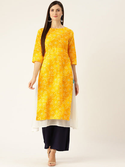 Women Yellow Calf Length Three-Quarter Sleeves A-Line Bandhani Printed Cotton Kurta | LASVINI - Redefining Indian Fashion with Elegance