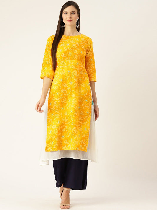 Women Yellow Calf Length Three-Quarter Sleeves A-Line Bandhani Printed Cotton Kurta | LASVINI - Redefining Indian Fashion with Elegance