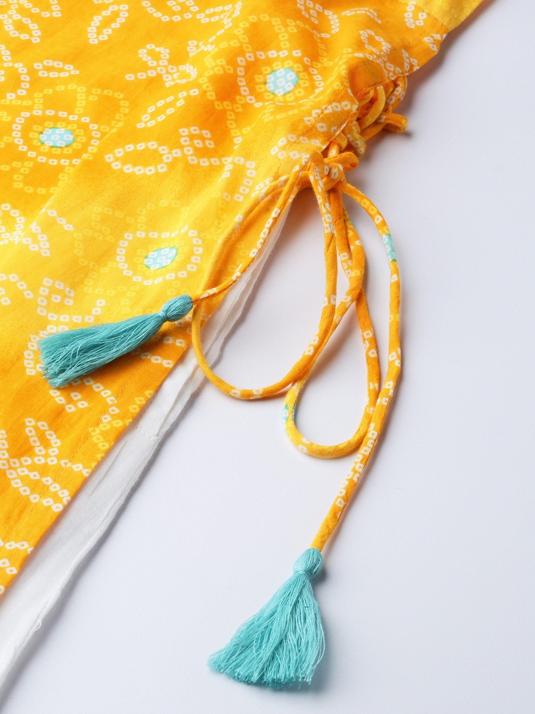 Women Yellow Calf Length Three-Quarter Sleeves A-Line Bandhani Printed Cotton Kurta | LASVINI - Redefining Indian Fashion with Elegance