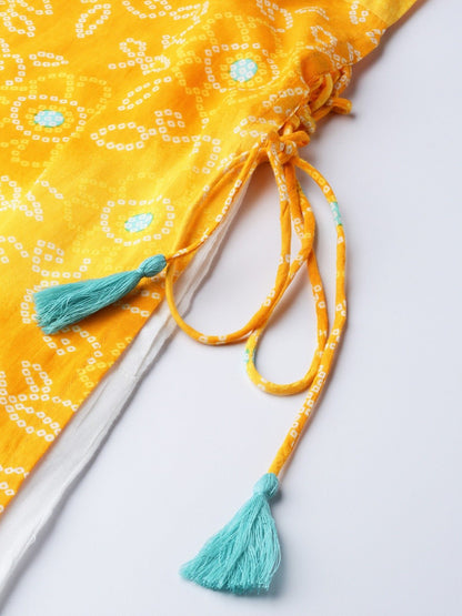 Women Yellow Calf Length Three-Quarter Sleeves A-Line Bandhani Printed Cotton Kurta | LASVINI - Redefining Indian Fashion with Elegance