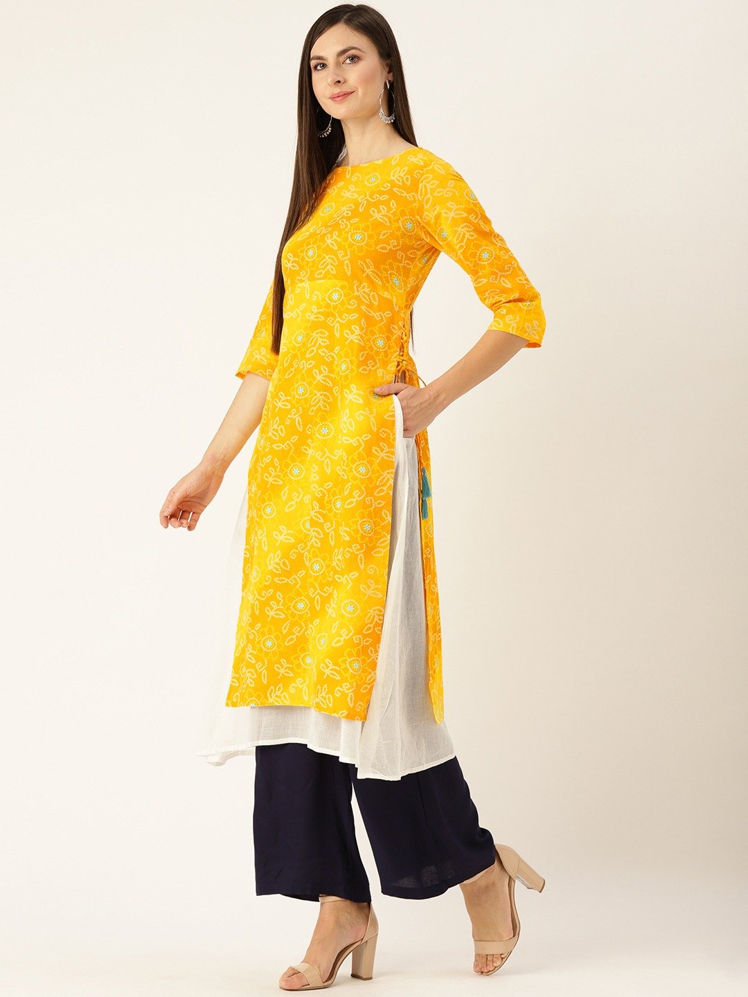 Women Yellow Calf Length Three-Quarter Sleeves A-Line Bandhani Printed Cotton Kurta | LASVINI - Redefining Indian Fashion with Elegance
