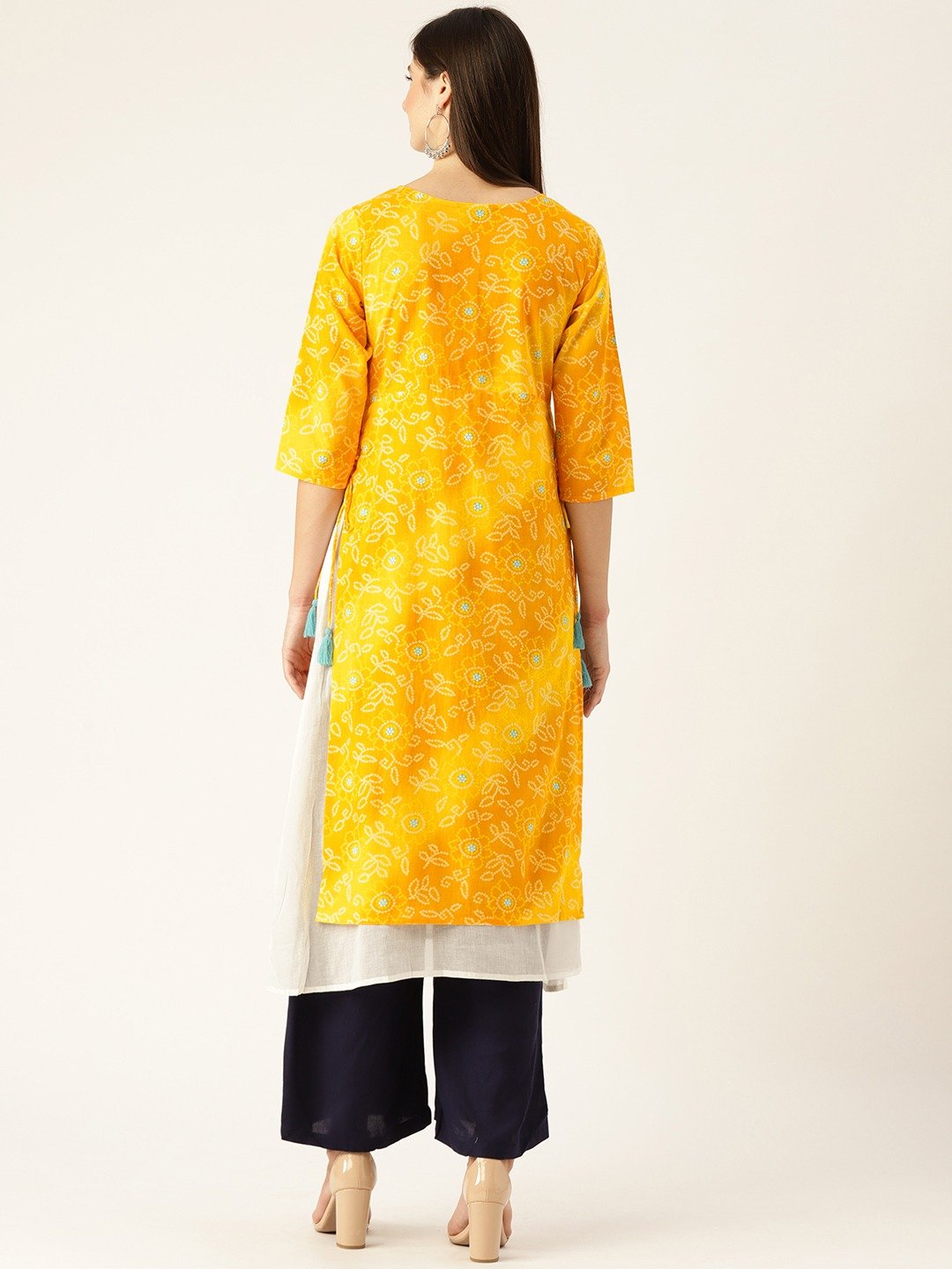 Women Yellow Calf Length Three-Quarter Sleeves A-Line Bandhani Printed Cotton Kurta | LASVINI - Redefining Indian Fashion with Elegance