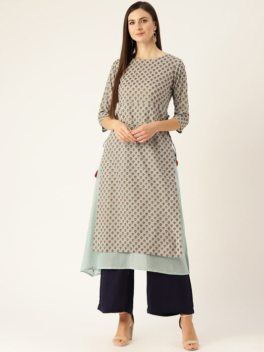 Women Metallic Blue Calf Length Three-Quarter Sleeves A-Line Ethnic Motifs Printed Cotton Kurta | LASVINI - Redefining Indian Fashion with Elegance