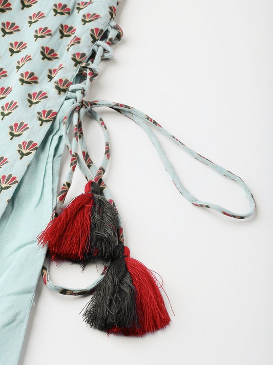 Women Metallic Blue Calf Length Three-Quarter Sleeves A-Line Ethnic Motifs Printed Cotton Kurta | LASVINI - Redefining Indian Fashion with Elegance