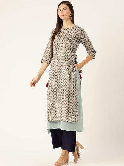 Women Metallic Blue Calf Length Three-Quarter Sleeves A-Line Ethnic Motifs Printed Cotton Kurta | LASVINI - Redefining Indian Fashion with Elegance