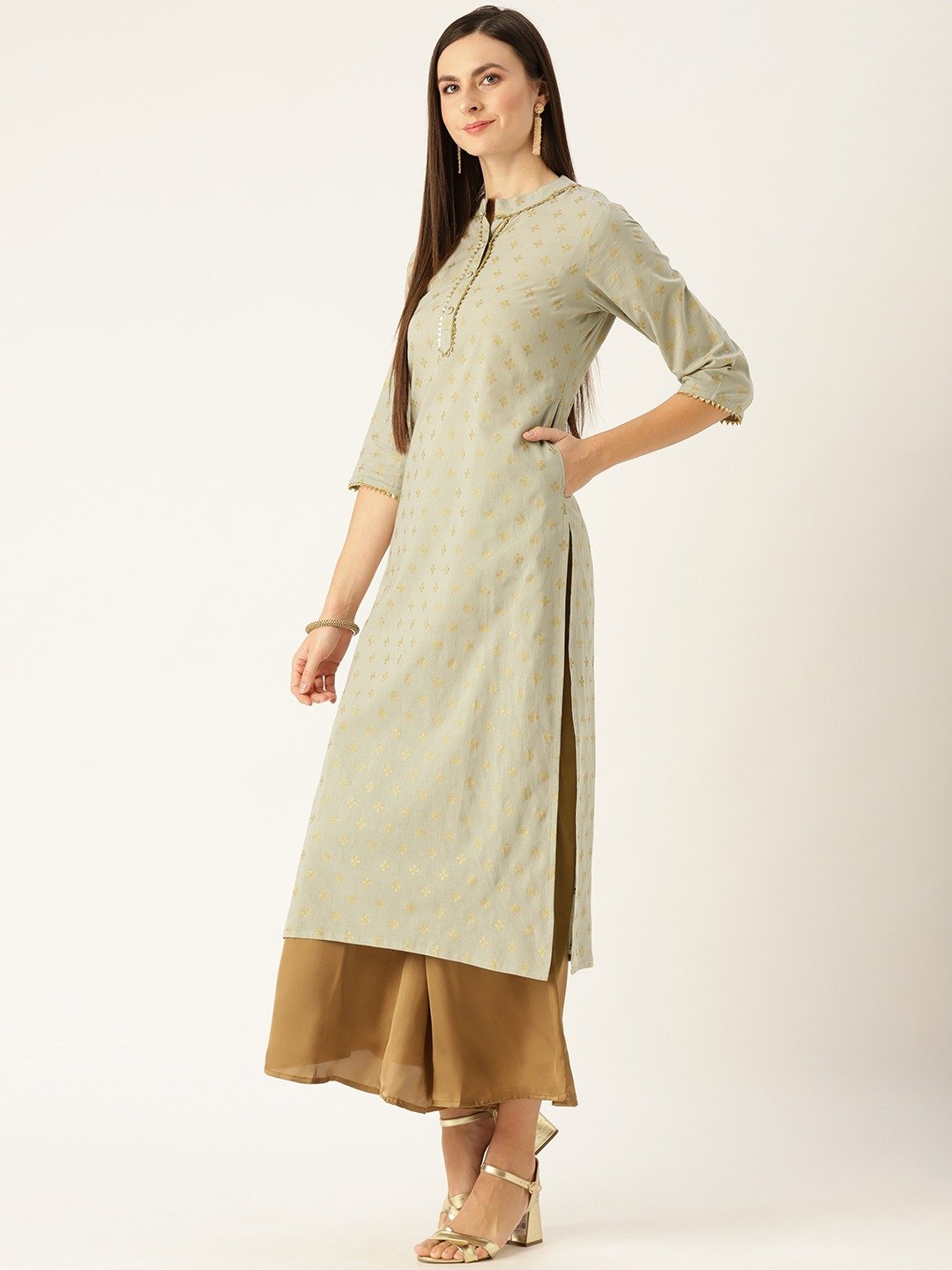 Women Grey Calf Length Three-Quarter Sleeves A-Line Ethnic Motifs Printed Cotton Kurta | LASVINI - Redefining Indian Fashion with Elegance