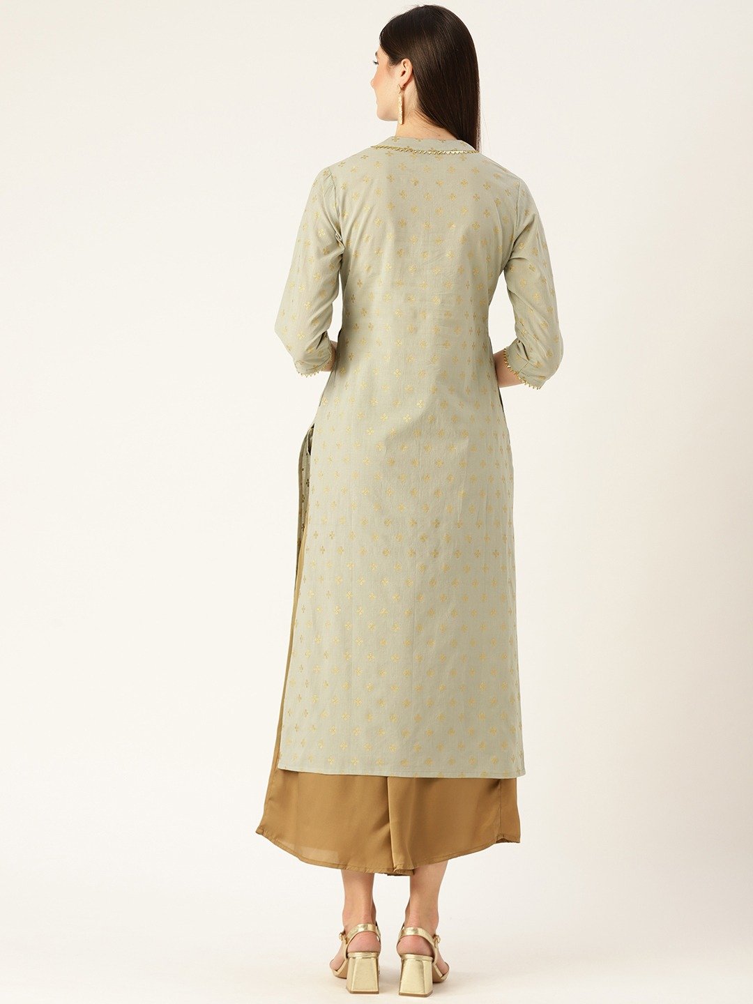 Women Grey Calf Length Three-Quarter Sleeves A-Line Ethnic Motifs Printed Cotton Kurta | LASVINI - Redefining Indian Fashion with Elegance