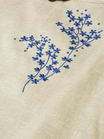 Women Grey Calf Length Three-Quarter Sleeves Straight Woven Design Embroidered Cotton Kurta | LASVINI - Redefining Indian Fashion with Elegance