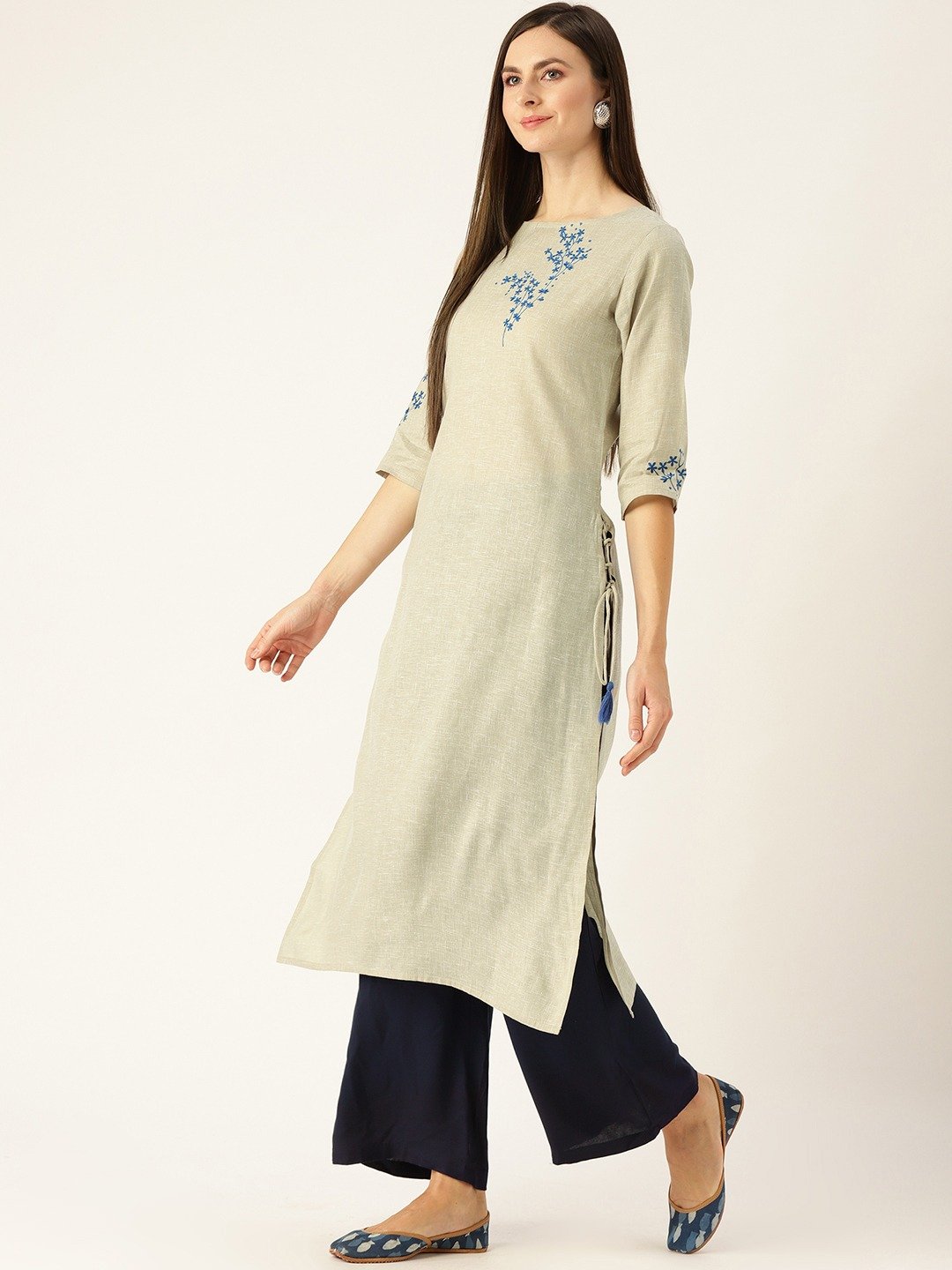 Women Grey Calf Length Three-Quarter Sleeves Straight Woven Design Embroidered Cotton Kurta | LASVINI - Redefining Indian Fashion with Elegance
