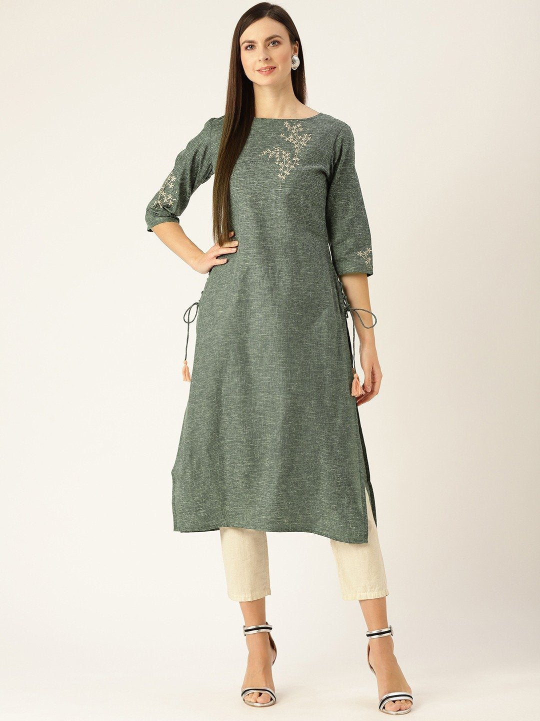Women Dark Grey Calf Length Three-Quarter Sleeves Straight Woven Design Embroidered Cotton Kurta | LASVINI - Redefining Indian Fashion with Elegance