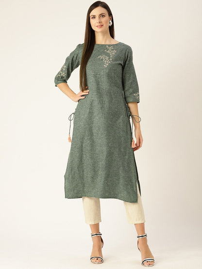 Women Dark Grey Calf Length Three-Quarter Sleeves Straight Woven Design Embroidered Cotton Kurta | LASVINI - Redefining Indian Fashion with Elegance