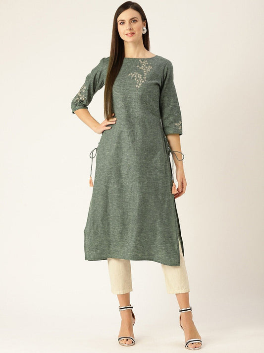 Women Dark Grey Calf Length Three-Quarter Sleeves Straight Woven Design Embroidered Cotton Kurta | LASVINI - Redefining Indian Fashion with Elegance