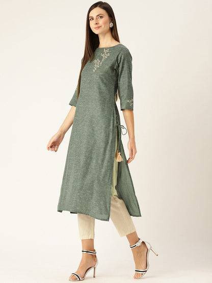 Women Dark Grey Calf Length Three-Quarter Sleeves Straight Woven Design Embroidered Cotton Kurta | LASVINI - Redefining Indian Fashion with Elegance