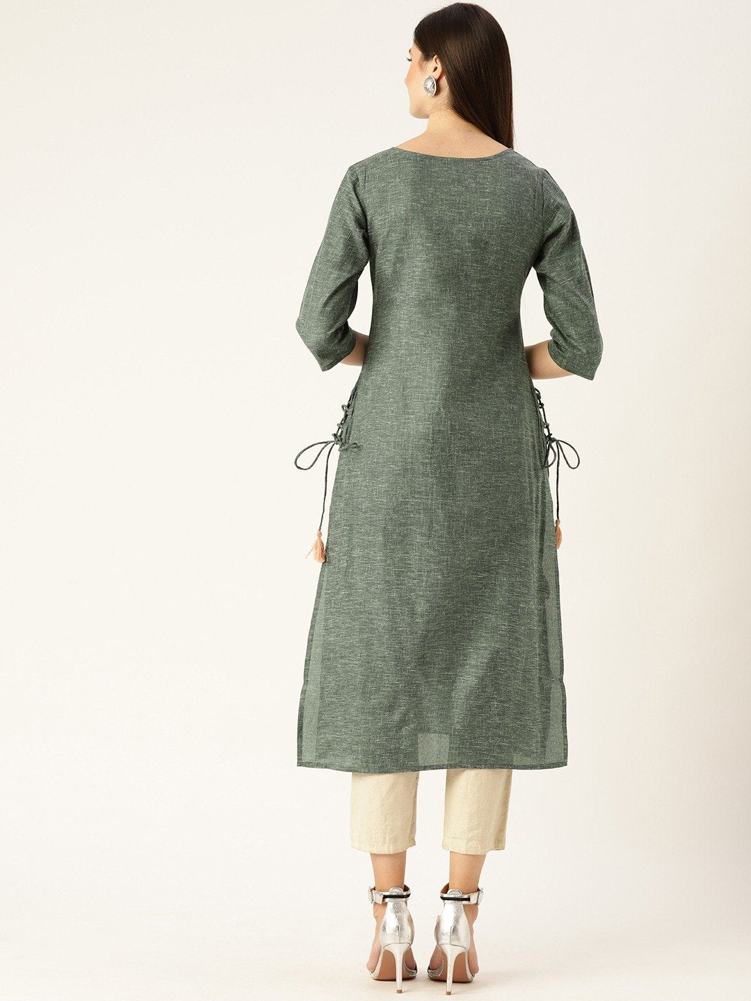 Women Dark Grey Calf Length Three-Quarter Sleeves Straight Woven Design Embroidered Cotton Kurta | LASVINI - Redefining Indian Fashion with Elegance