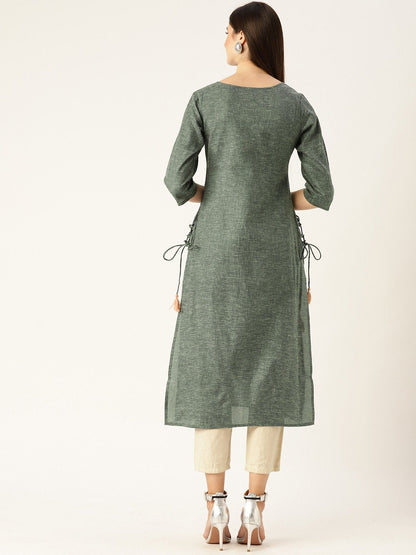 Women Dark Grey Calf Length Three-Quarter Sleeves Straight Woven Design Embroidered Cotton Kurta | LASVINI - Redefining Indian Fashion with Elegance