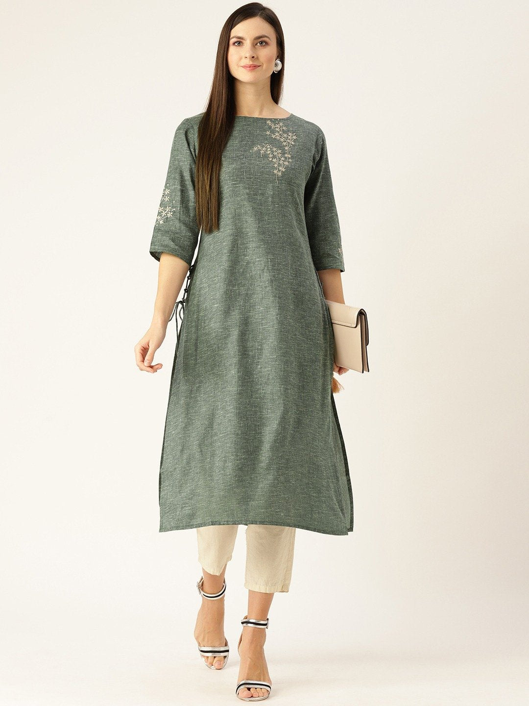 Women Dark Grey Calf Length Three-Quarter Sleeves Straight Woven Design Embroidered Cotton Kurta | LASVINI - Redefining Indian Fashion with Elegance