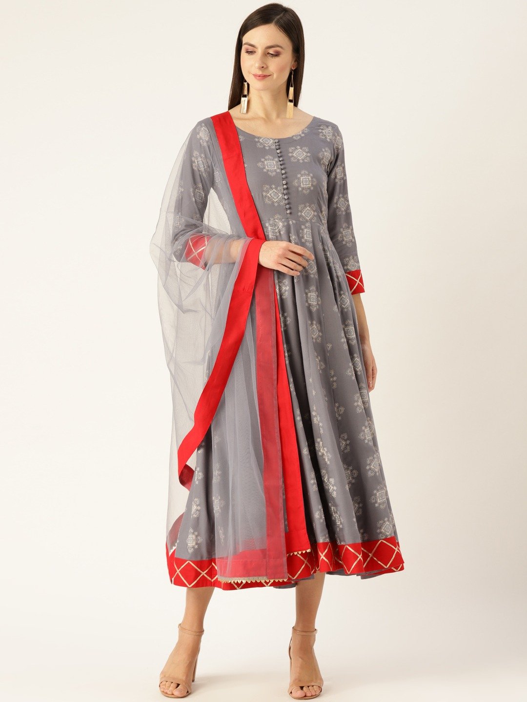Women Grey Ethnic Motifs Printed Round Neck Viscose Rayon A-Line Dress | LASVINI - Redefining Indian Fashion with Elegance