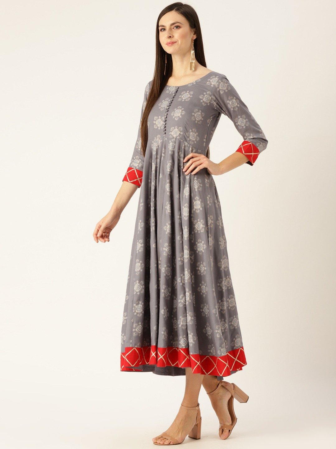 Women Grey Ethnic Motifs Printed Round Neck Viscose Rayon A-Line Dress | LASVINI - Redefining Indian Fashion with Elegance