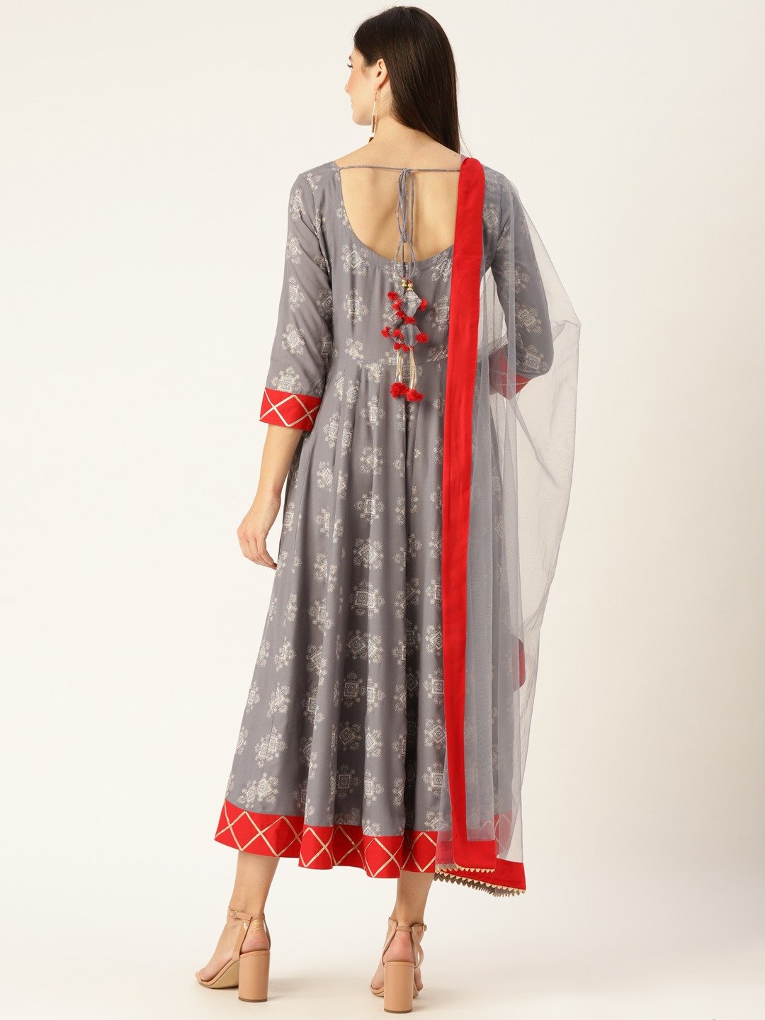 Women Grey Ethnic Motifs Printed Round Neck Viscose Rayon A-Line Dress | LASVINI - Redefining Indian Fashion with Elegance