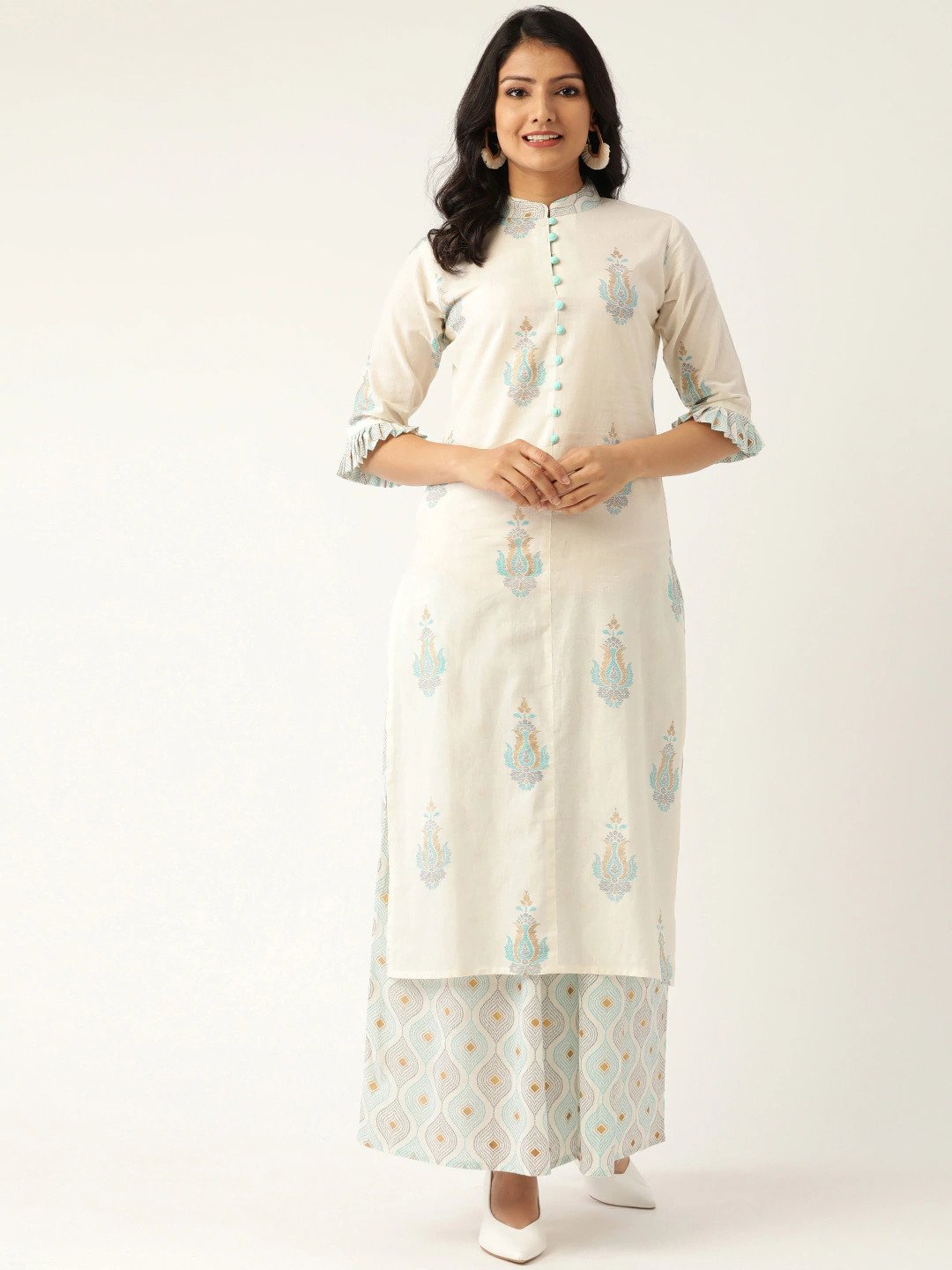 Women White & Grey Printed Kurta With Palazzos | LASVINI - Redefining Indian Fashion with Elegance