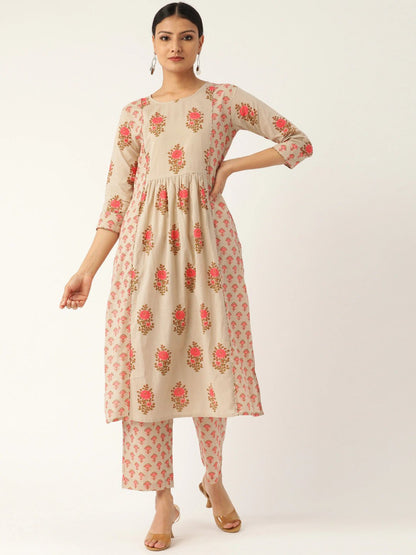 Women Beige & Pink Printed Kurta With Palazzos | LASVINI - Redefining Indian Fashion with Elegance