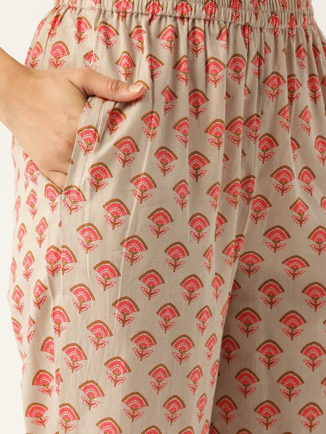 Women Beige & Pink Printed Kurta With Palazzos | LASVINI - Redefining Indian Fashion with Elegance