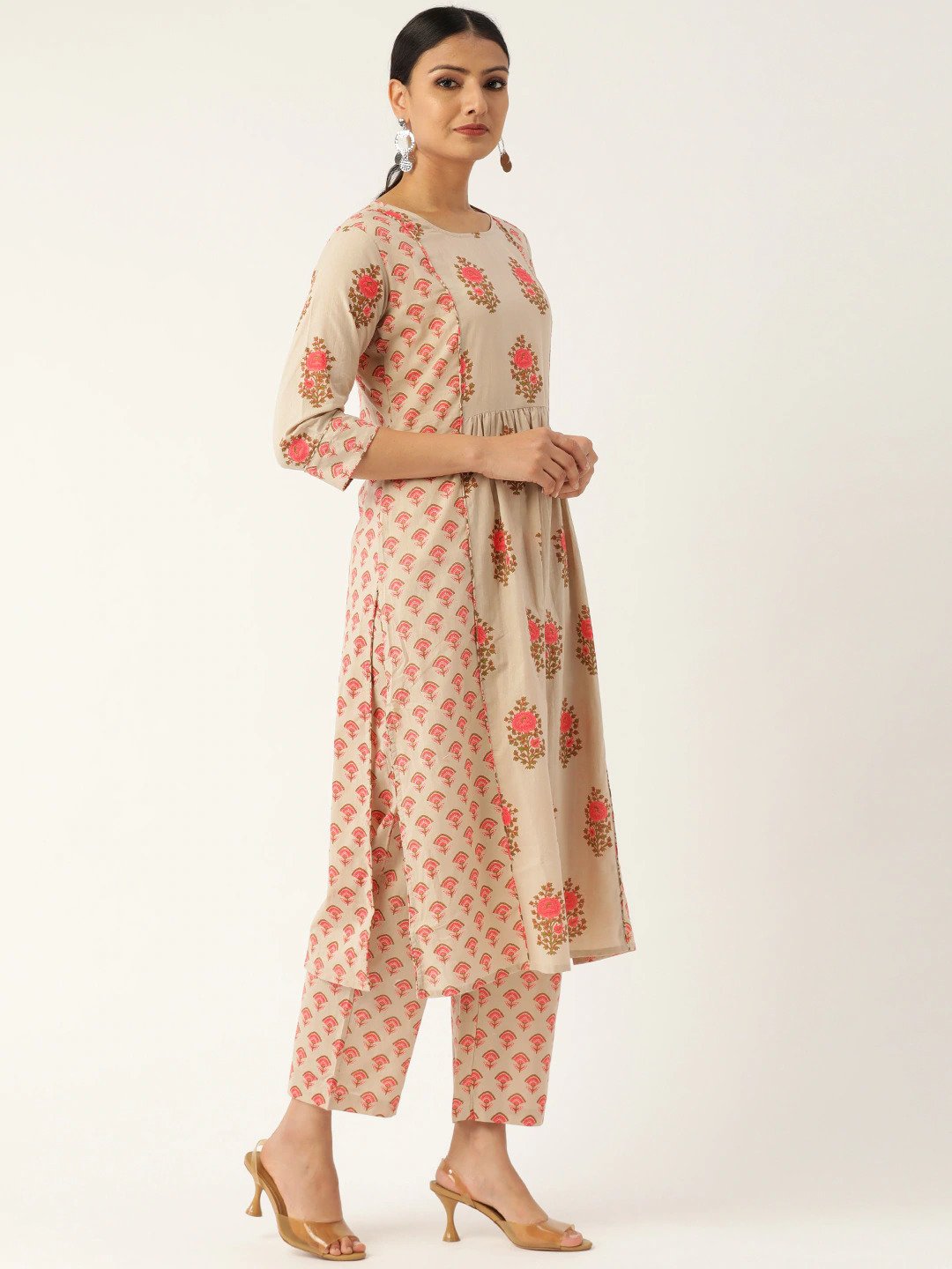 Women Beige & Pink Printed Kurta With Palazzos | LASVINI - Redefining Indian Fashion with Elegance