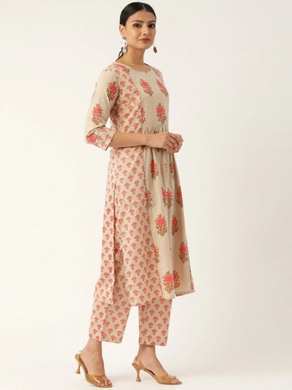 Women Beige & Pink Printed Kurta With Palazzos | LASVINI - Redefining Indian Fashion with Elegance