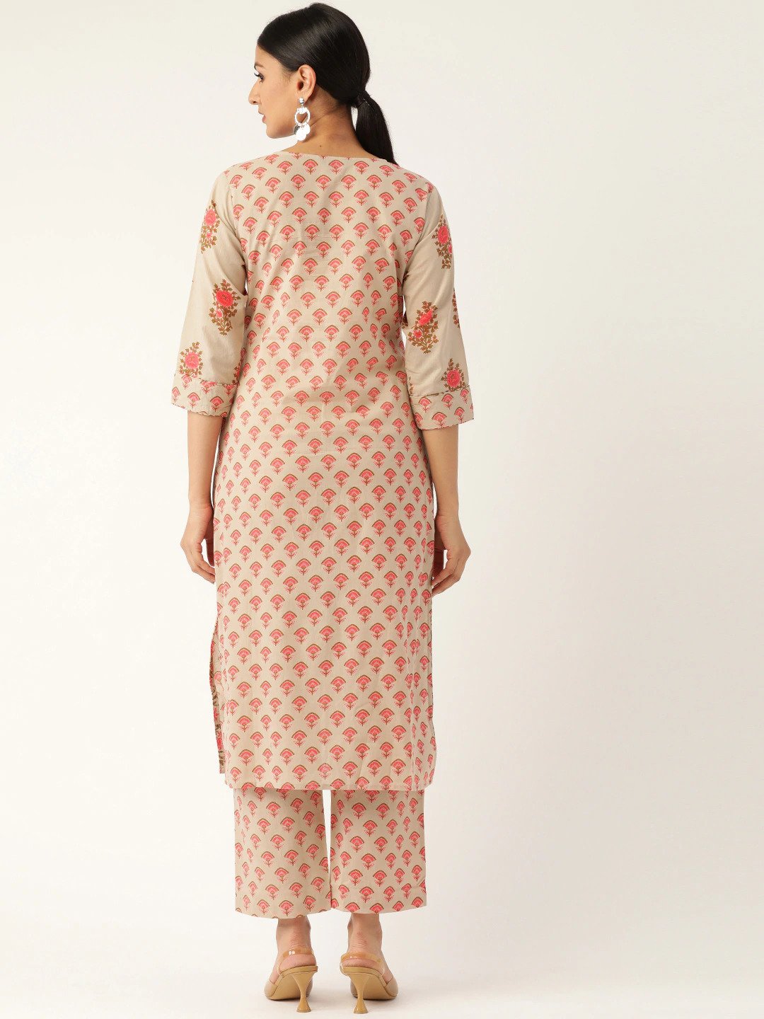 Women Beige & Pink Printed Kurta With Palazzos | LASVINI - Redefining Indian Fashion with Elegance