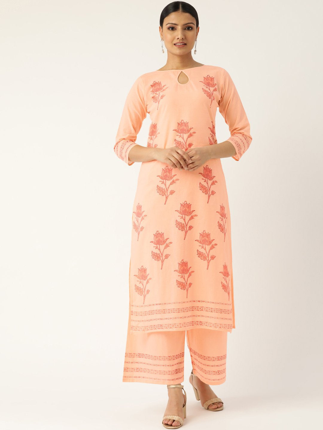Women Peach-Coloured & Red Printed Kurta With Palazzos | LASVINI - Redefining Indian Fashion with Elegance