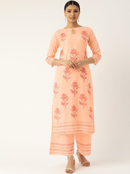 Women Peach-Coloured & Red Printed Kurta With Palazzos | LASVINI - Redefining Indian Fashion with Elegance