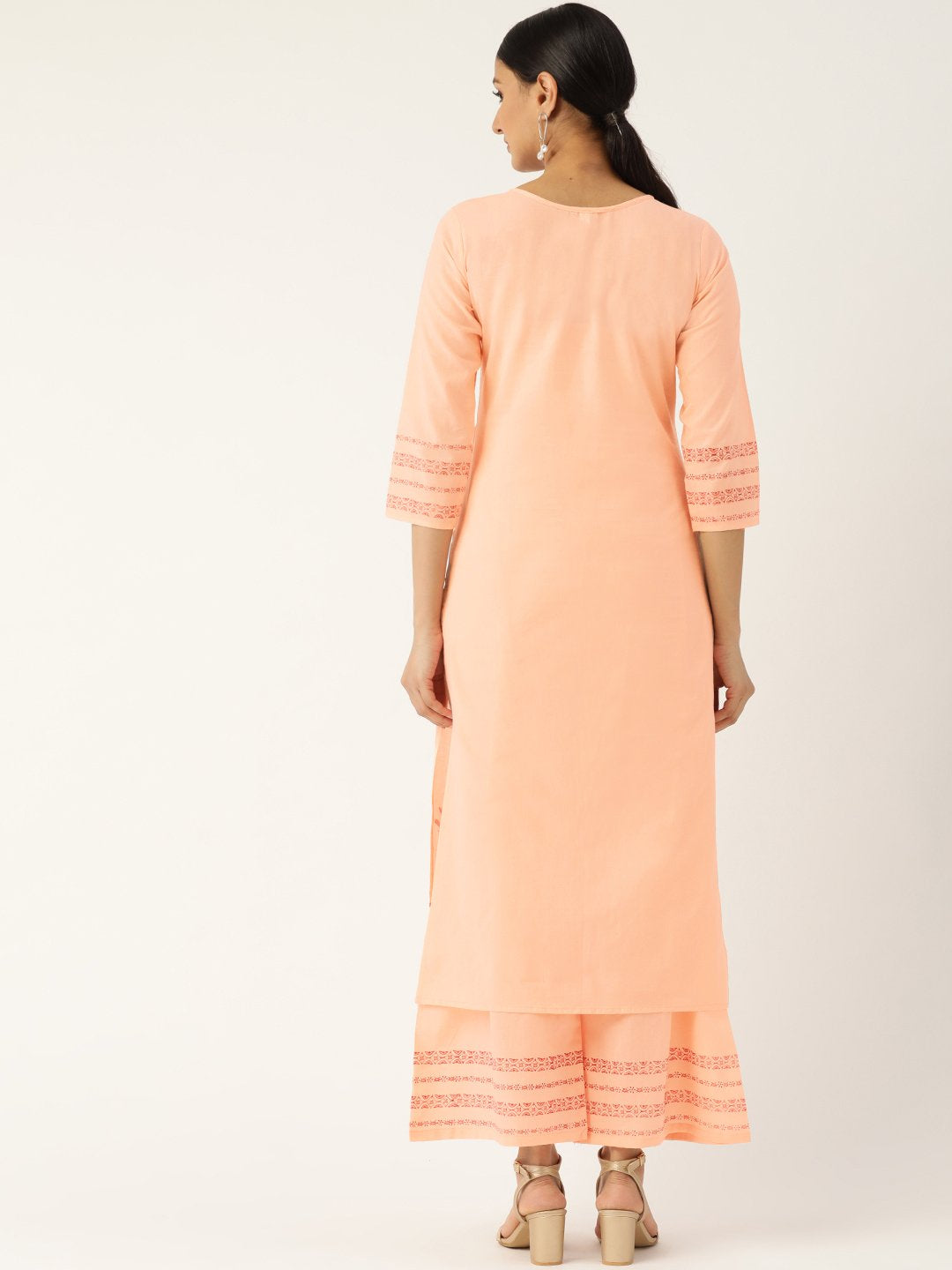 Women Peach-Coloured & Red Printed Kurta With Palazzos | LASVINI - Redefining Indian Fashion with Elegance